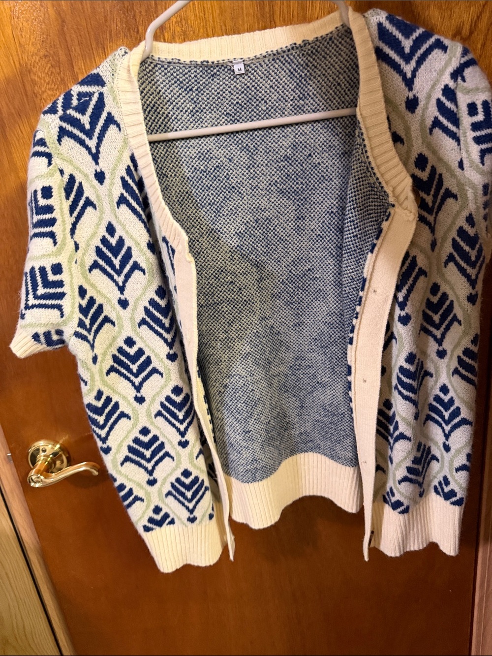 Cream and Navy Patterned Short-Sleeve Cardigan